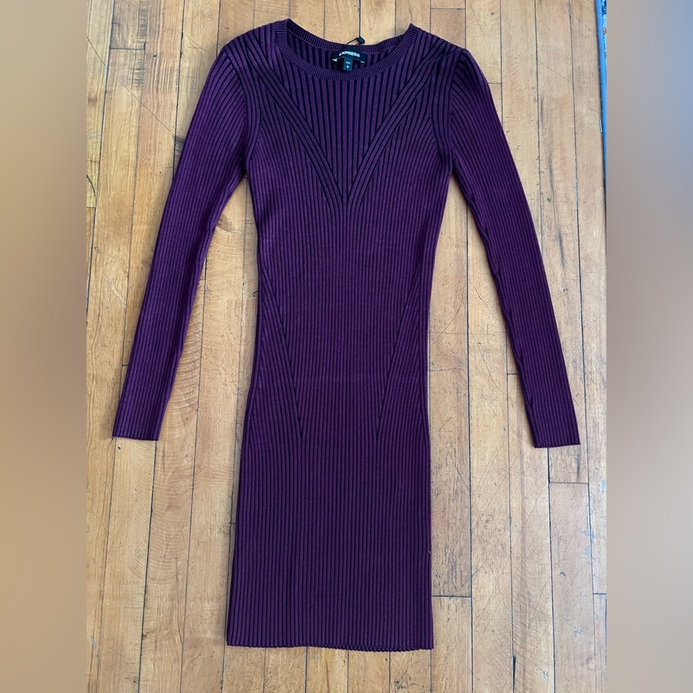 Express Long Sleeve Ribbed Maroon & Black Mini Sweater Dress - Size L